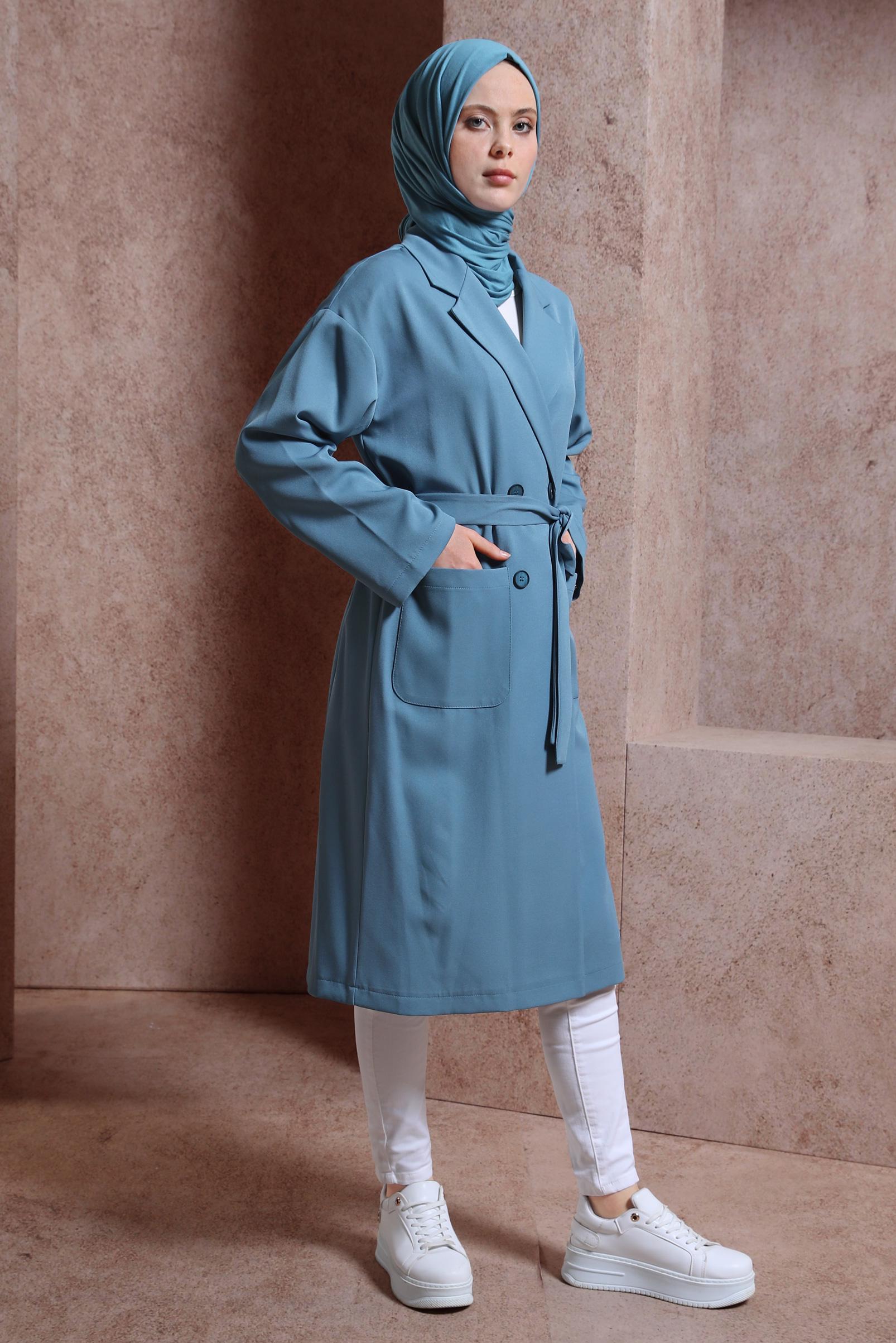 Tesettür giyim MAVİ KUŞAKLI GİY ÇIK 44458