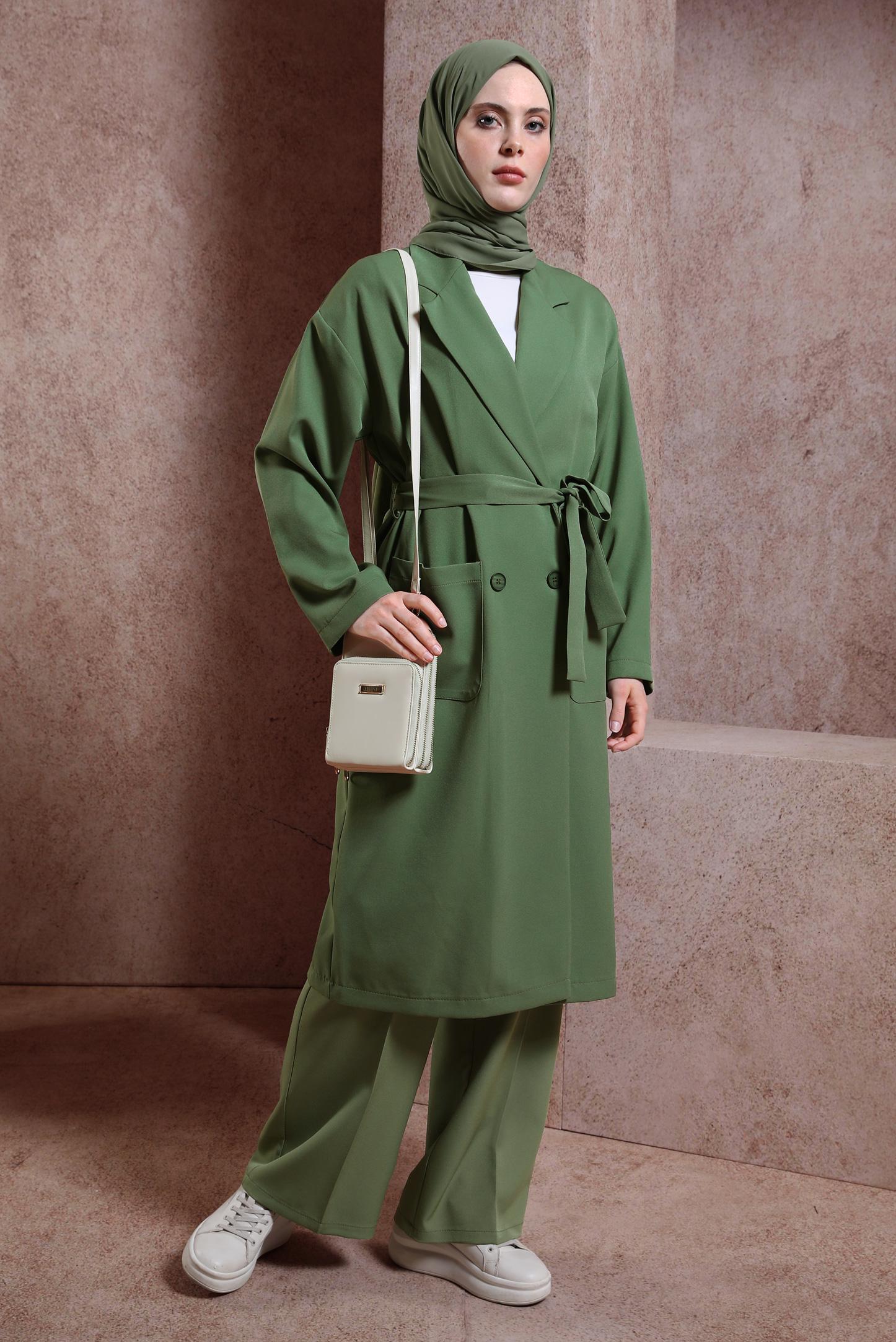 Tesettür giyim YEŞİL KUŞAKLI GİY ÇIK 44458