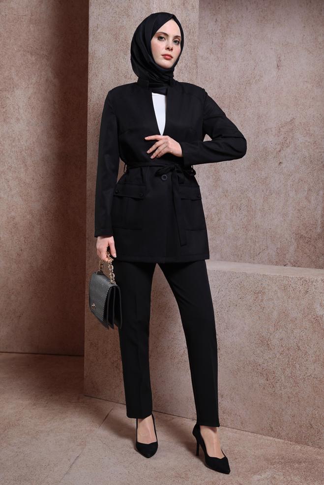 Hijab clothing BLACK BELTED JACKET 44459 - ALVİNA