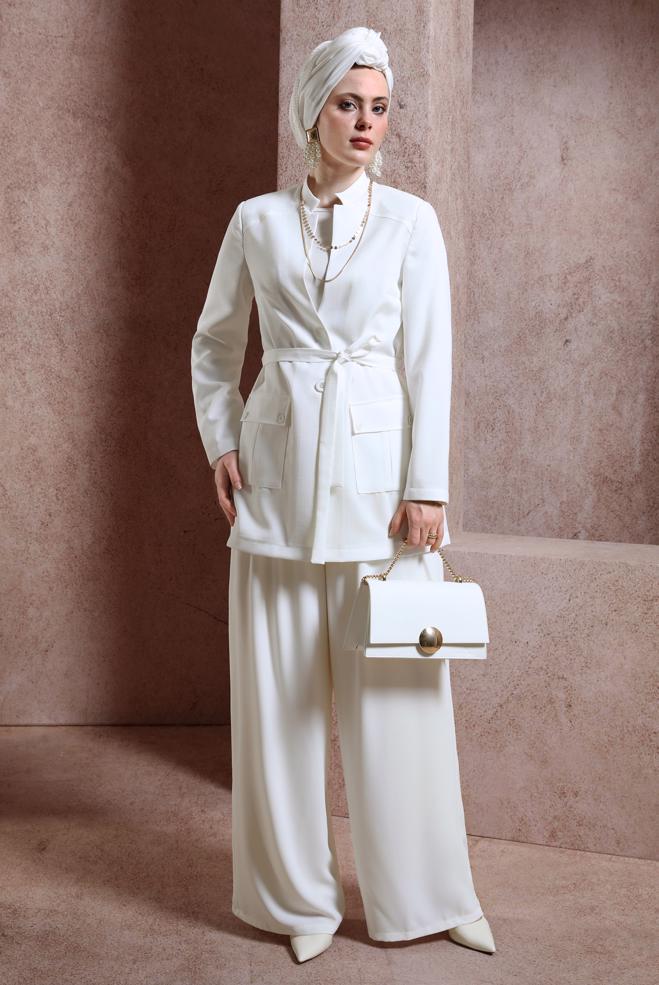 Hijab-Kleidung WEISS JACKE MIT GÜRTEL 44459 - ALVİNA