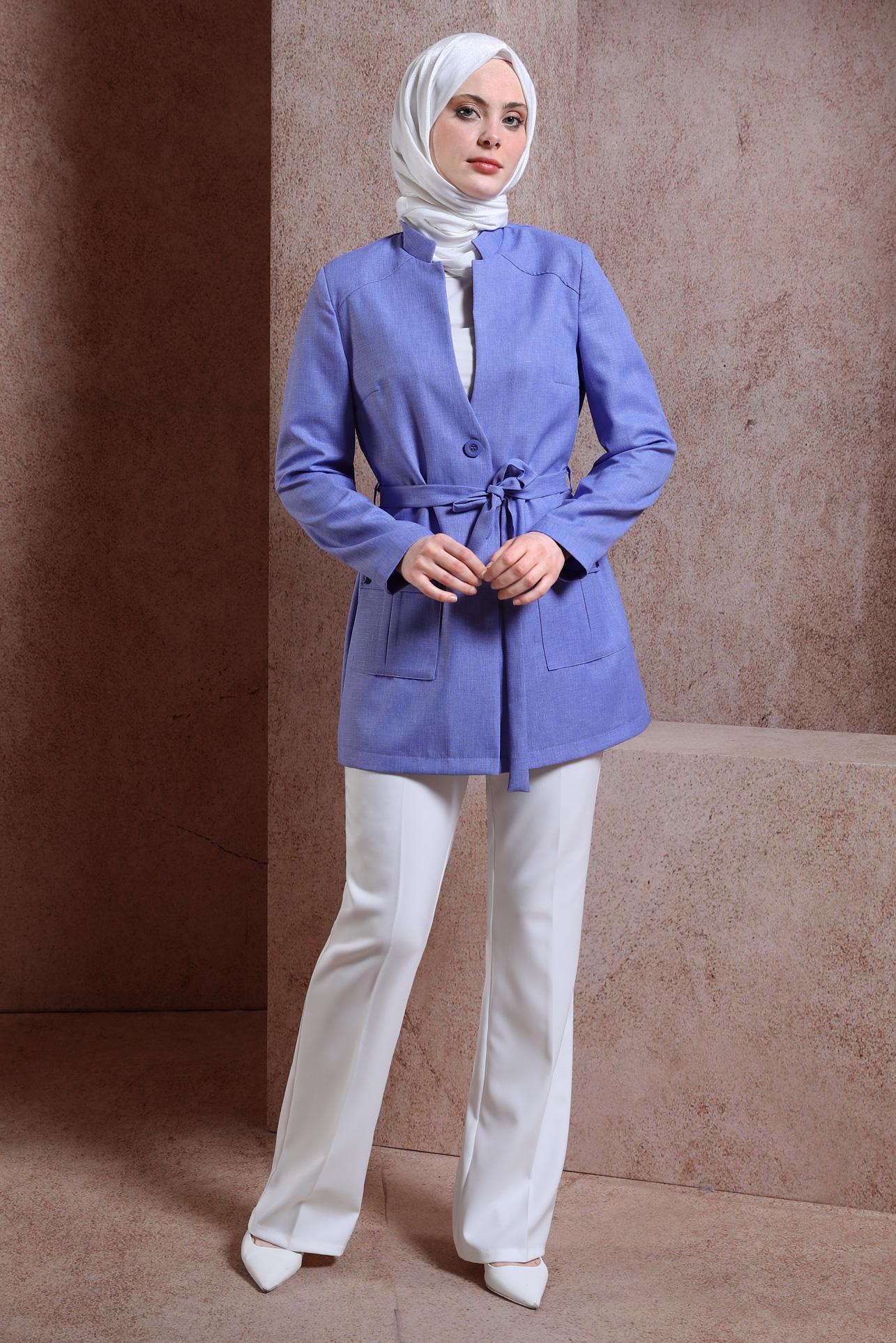 Tesettür giyim MAVİ KUŞAKLI CEKET 44459