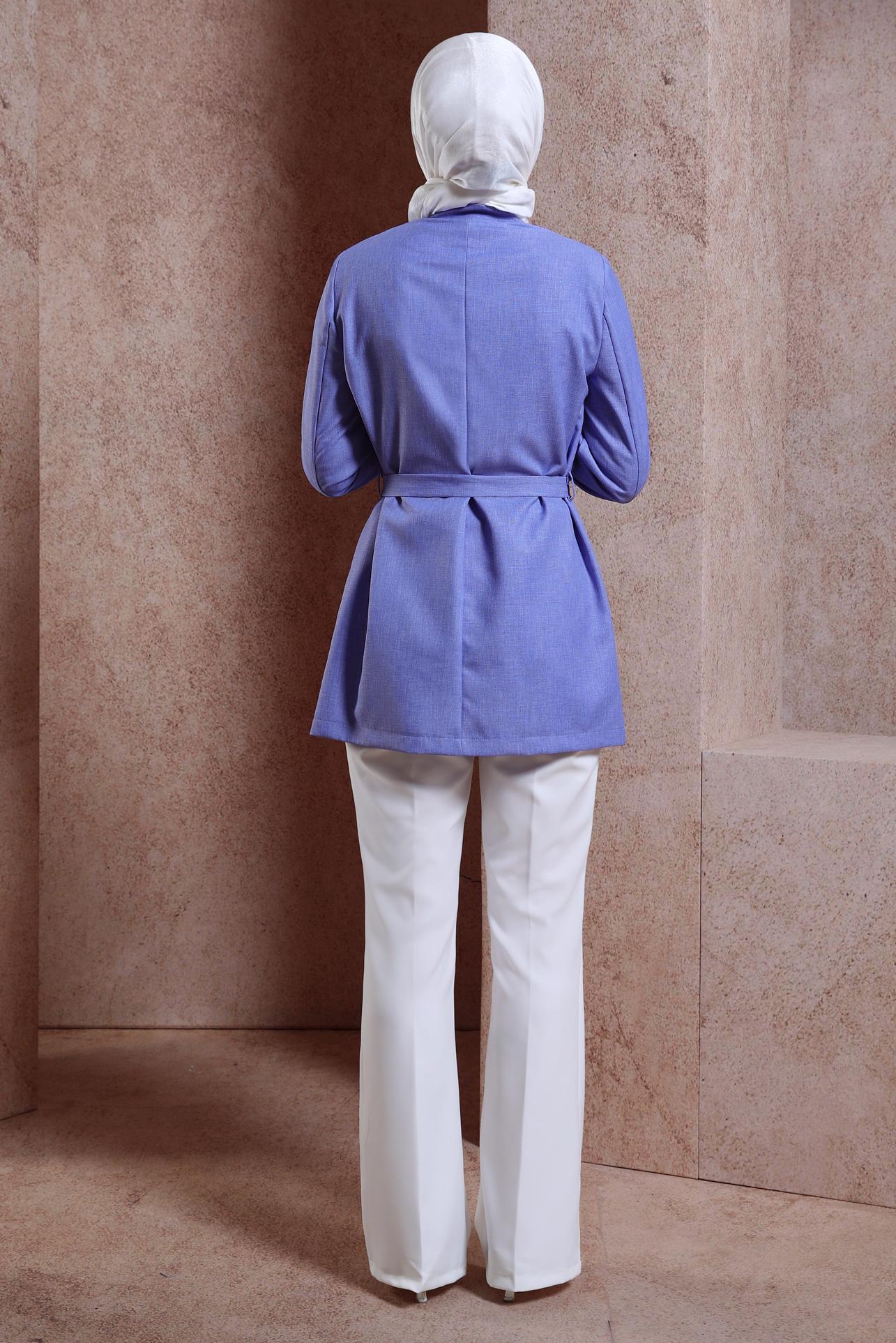 Tesettür giyim MAVİ KUŞAKLI CEKET 44459