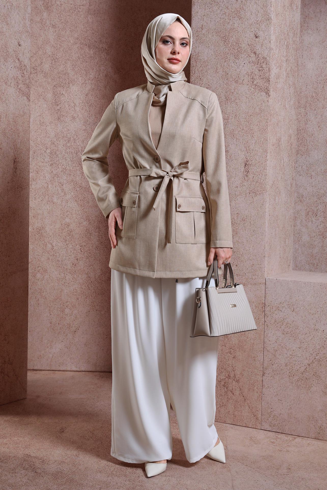 Tesettür giyim BEJ KUŞAKLI CEKET 44459