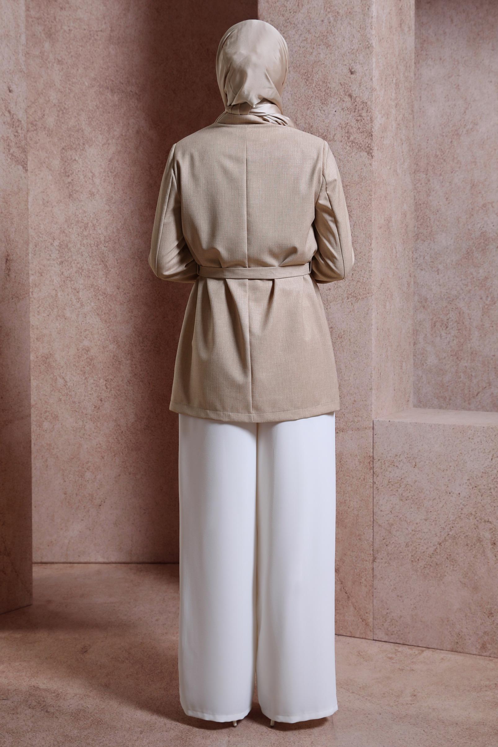 Tesettür giyim BEJ KUŞAKLI CEKET 44459