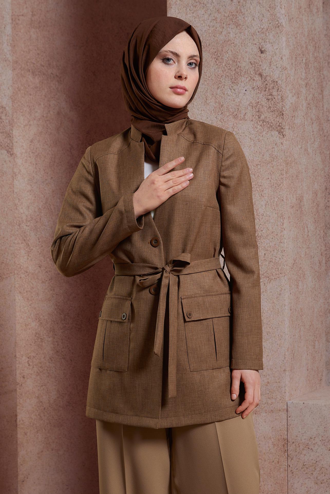 Tesettür giyim KAHVE KUŞAKLI CEKET 44459