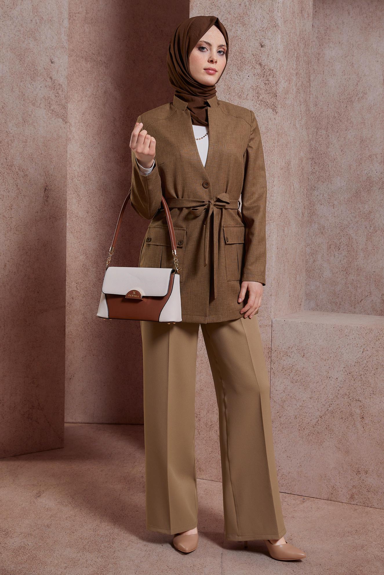 Tesettür giyim KAHVE KUŞAKLI CEKET 44459