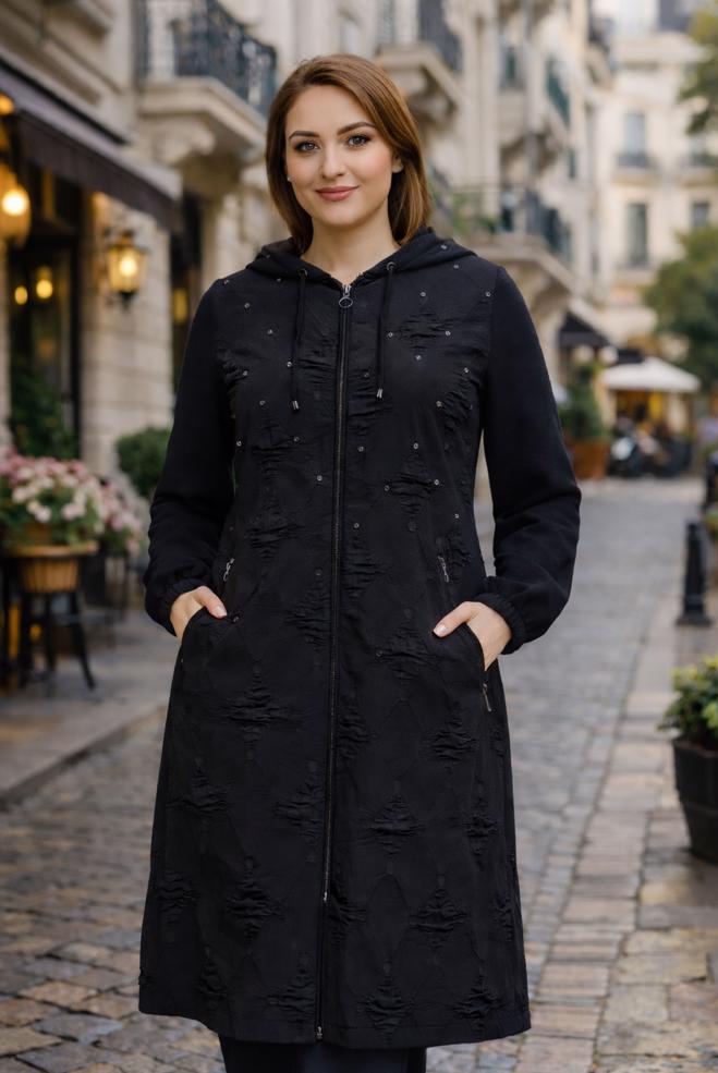 Hijab clothing BLACK HOODED PLUS SIZE TOPCOAT 44526 - ALVİNA