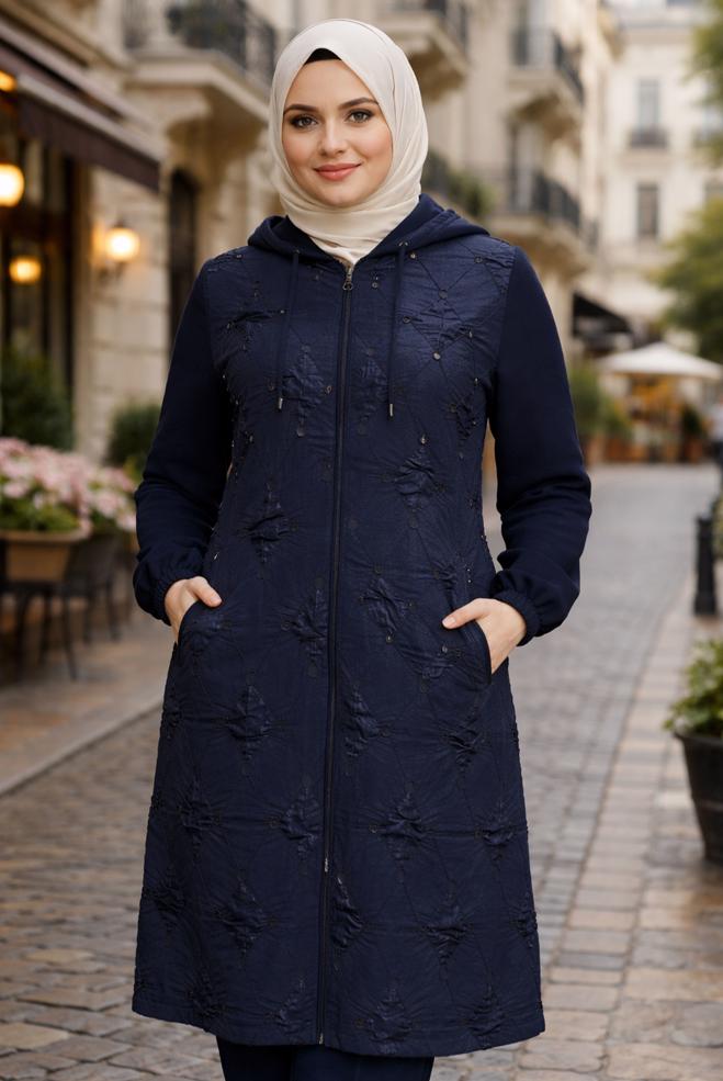 Hijab clothing NAVY BLUE HOODED PLUS SIZE TOPCOAT 44526 - ALVİNA