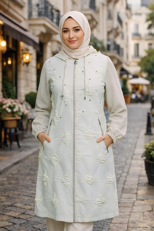 Hijab clothing BEIGE HOODED PLUS SIZE TOPCOAT 44526 - ALVİNA