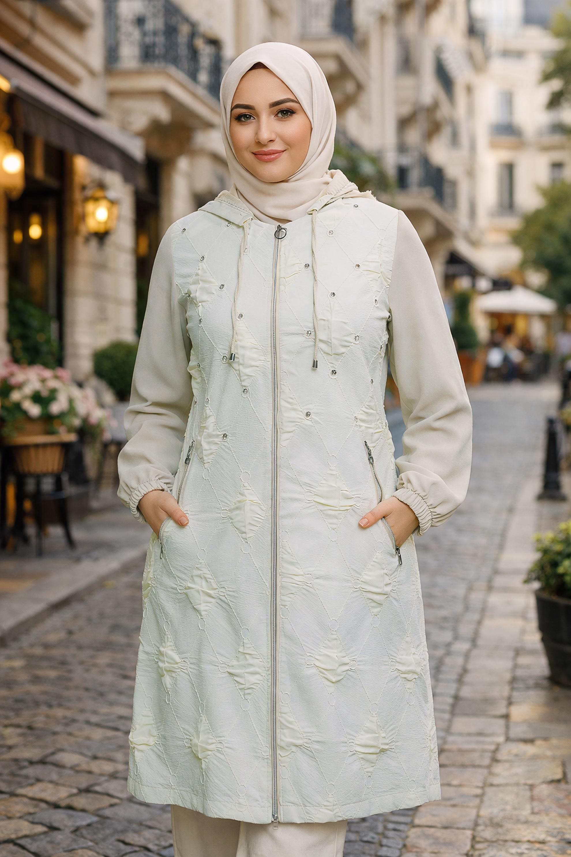 Hijab clothing BEIGE HOODED PLUS SIZE TOPCOAT 44526