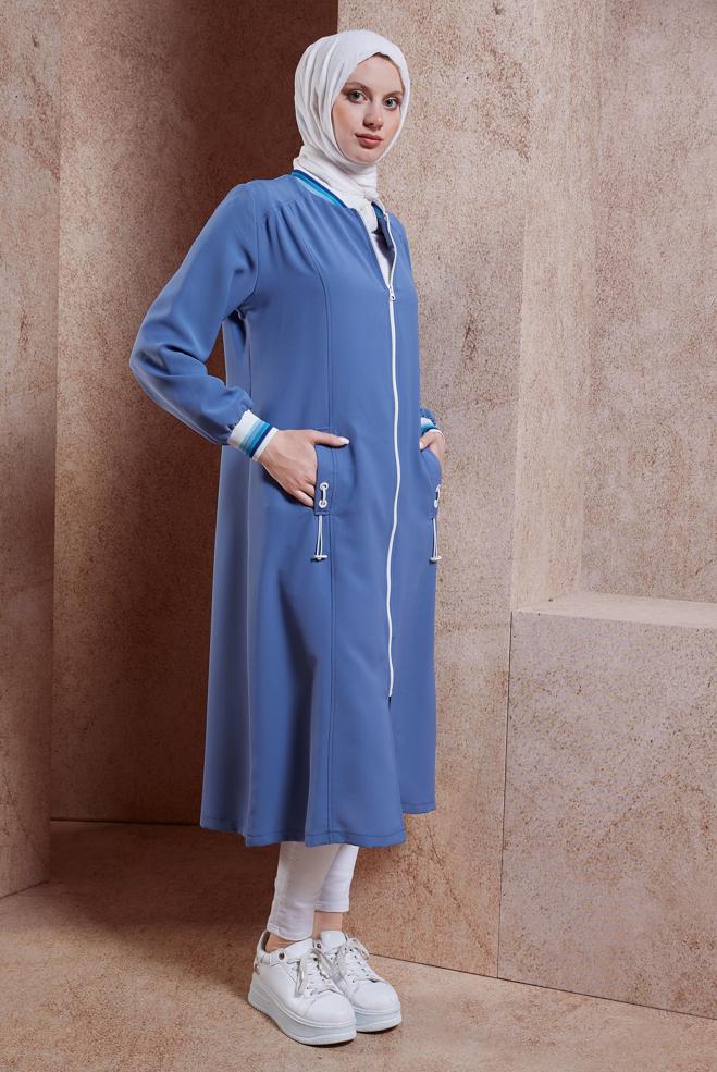 Hijab clothing NAVY BLUE ZIPPERED MODEST TOPCOAT 44532 - ALVİNA