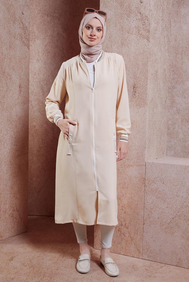 Hijab clothing BEIGE ZIPPERED MODEST TOPCOAT 44532 - ALVİNA
