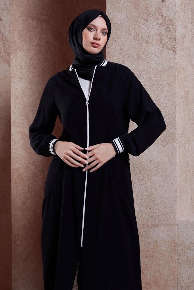Hijab clothing BLACK ZIPPERED MODEST TOPCOAT 44533 - ALVİNA