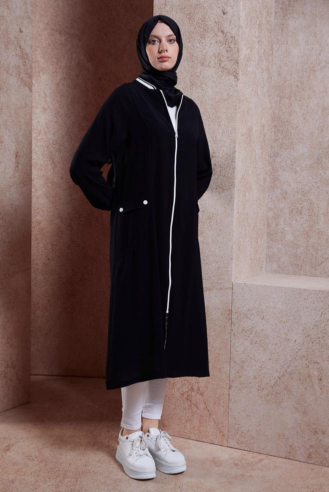Hijab clothing BLACK ZIPPERED MODEST TOPCOAT 44533 - ALVİNA