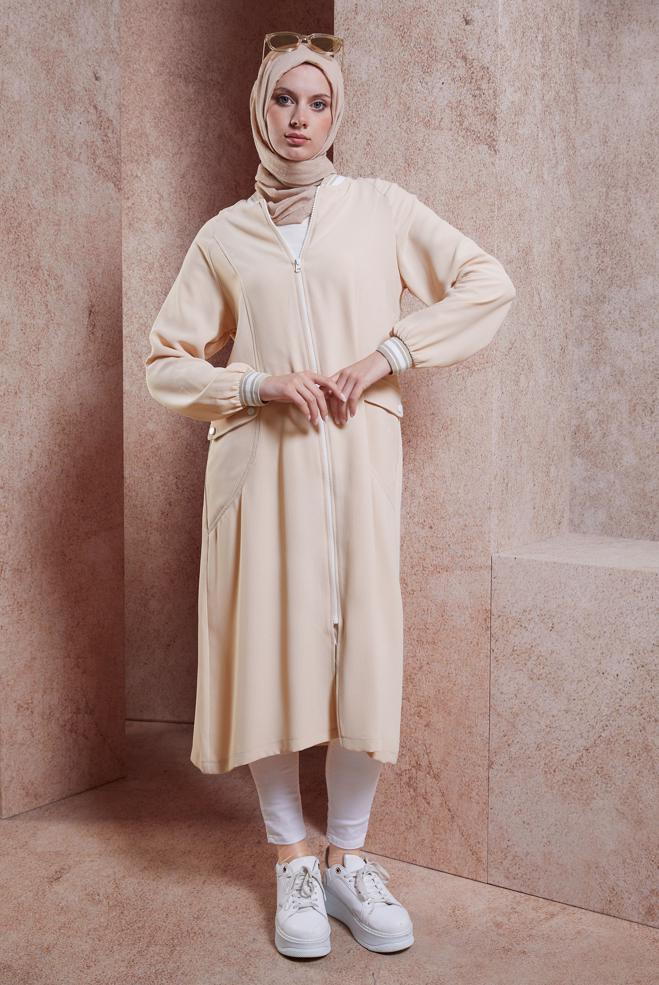 Hijab clothing BEIGE ZIPPERED MODEST TOPCOAT 44533 - ALVİNA