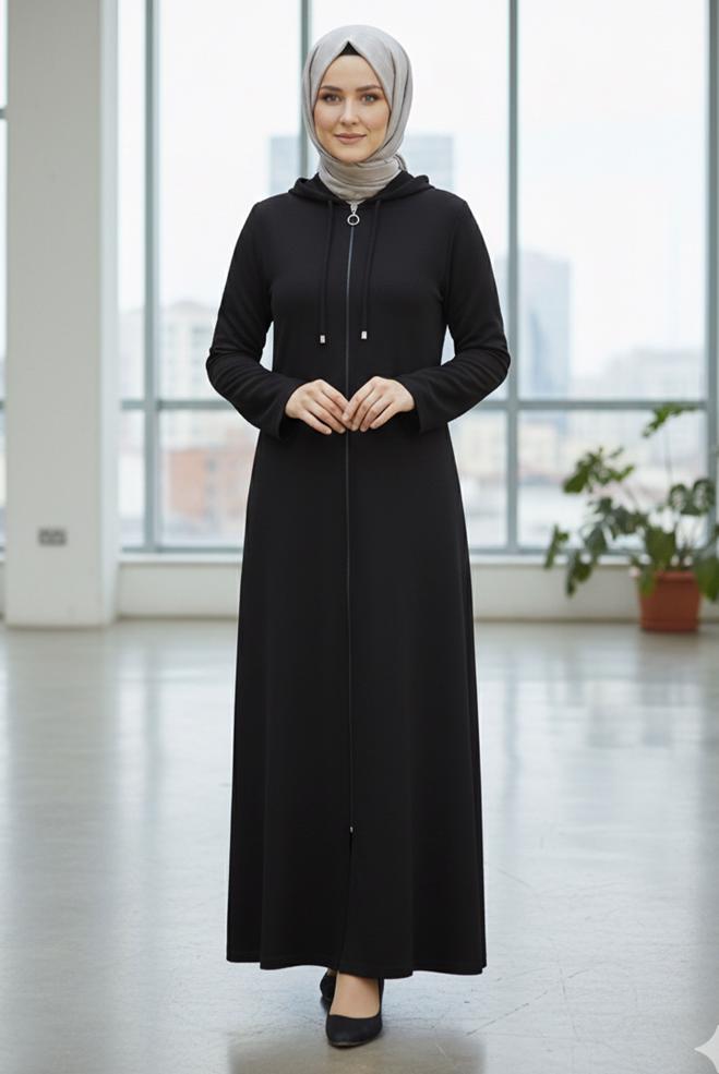 Tesettür giyim SİYAH KAPÜŞONLU BÜYÜK BEDEN GİY ÇIK 44584 - ALVİNA