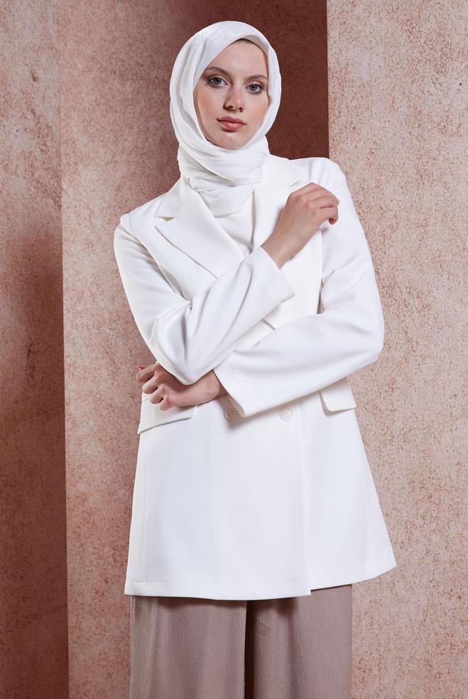 Hijab clothing WHITE DOUBLE BREASTED BLAZER JACKET 44648 - ALVİNA