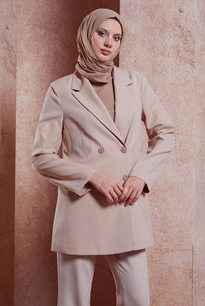 Hijab clothing BEIGE DOUBLE BREASTED BLAZER JACKET 44648 - ALVİNA