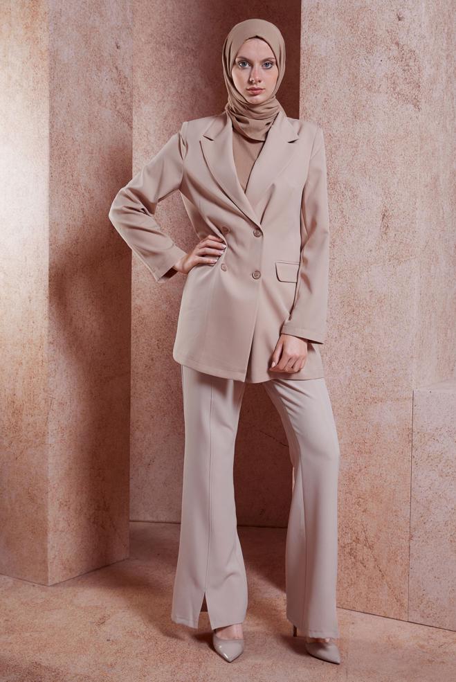 Hijab clothing BEIGE DOUBLE BREASTED BLAZER JACKET 44648 - ALVİNA