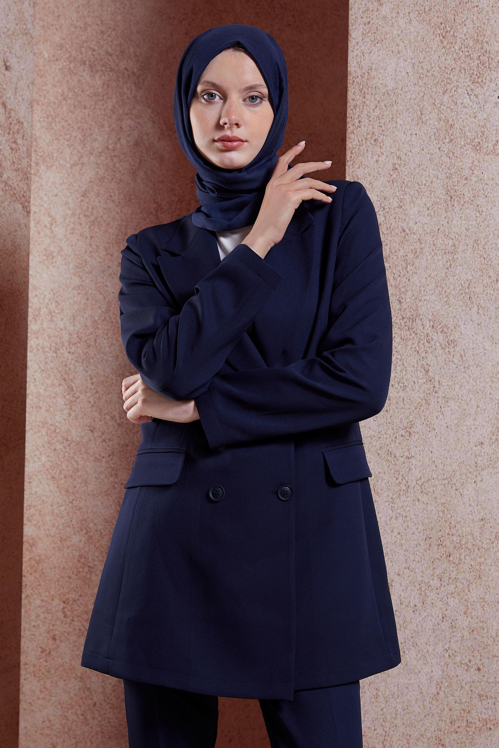 Tesettür giyim LACİVERT KRUVAZE YAKA BLAZER CEKET 44648