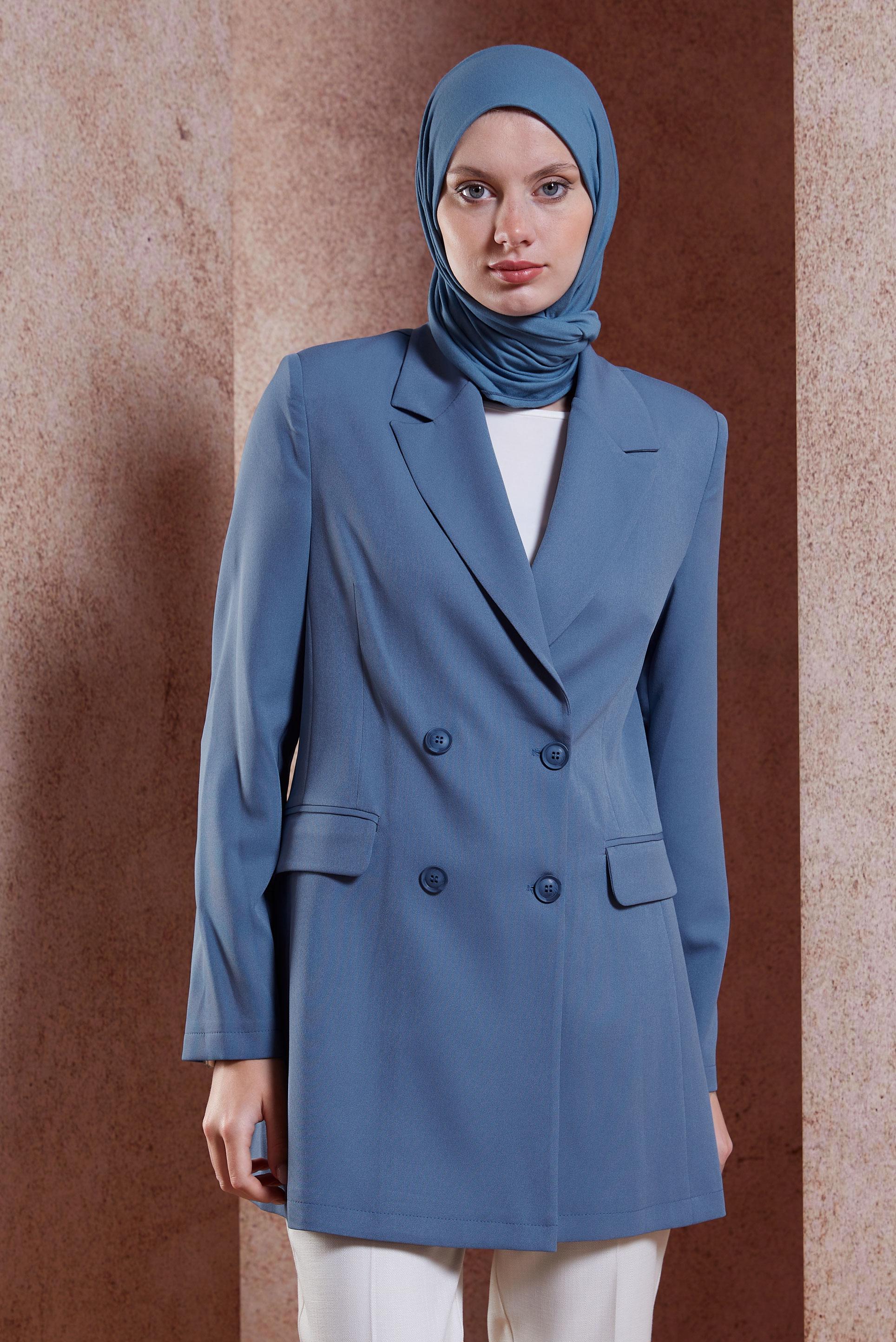 Tesettür giyim MAVİ KRUVAZE YAKA BLAZER CEKET 44648