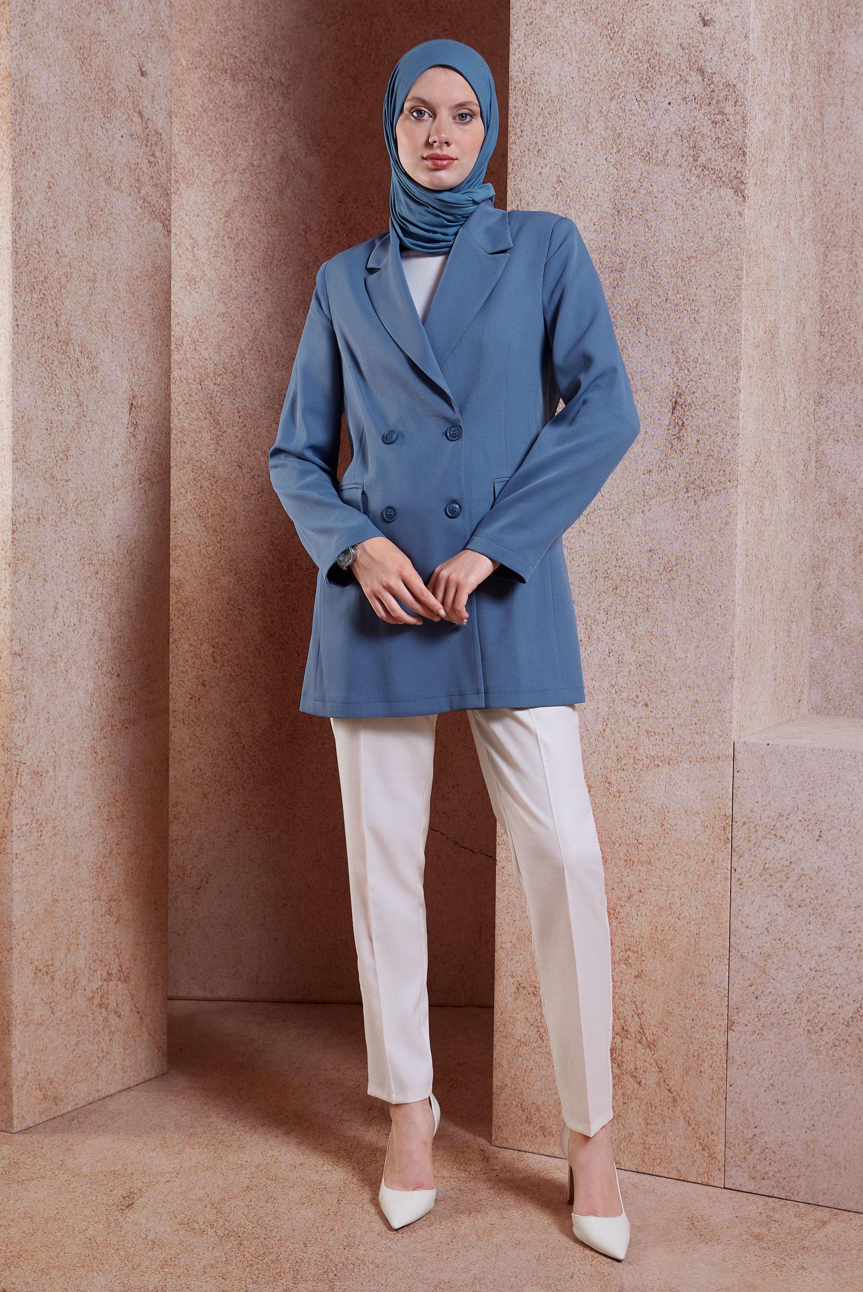 Tesettür giyim MAVİ KRUVAZE YAKA BLAZER CEKET 44648