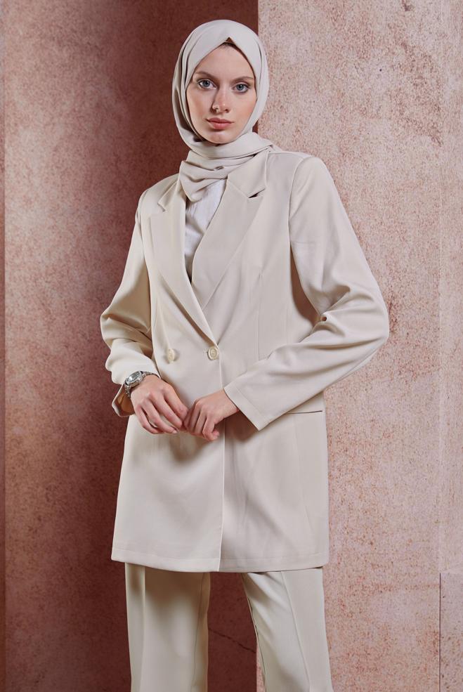 Hijab clothing ECRU DOUBLE BREASTED BLAZER JACKET 44648 - ALVİNA