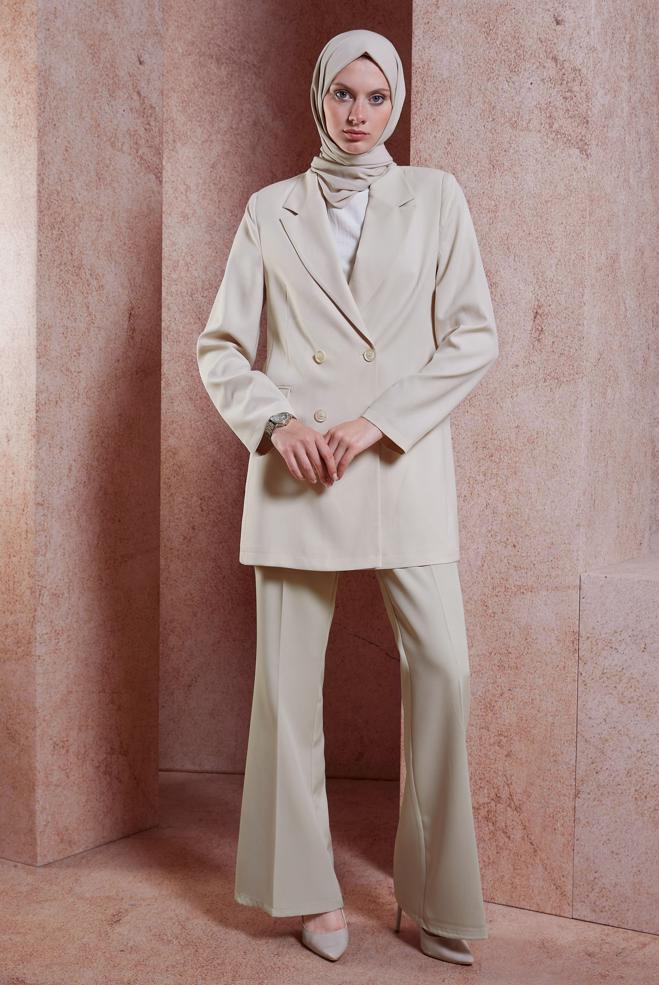 Hijab clothing ECRU DOUBLE BREASTED BLAZER JACKET 44648 - ALVİNA