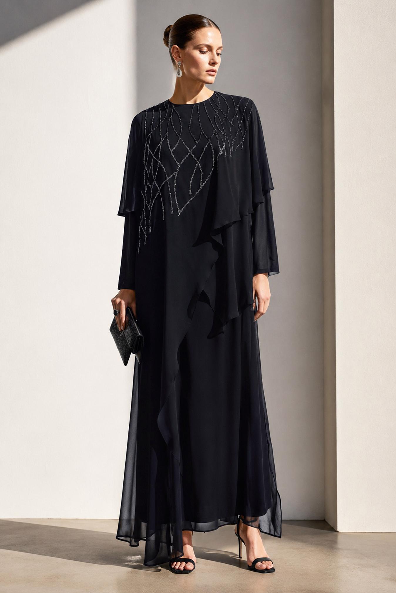 Vêtements hijab NOIR ROBE GRANDE TAILLE AVEC CAPE EN MOUSSELINE 20506