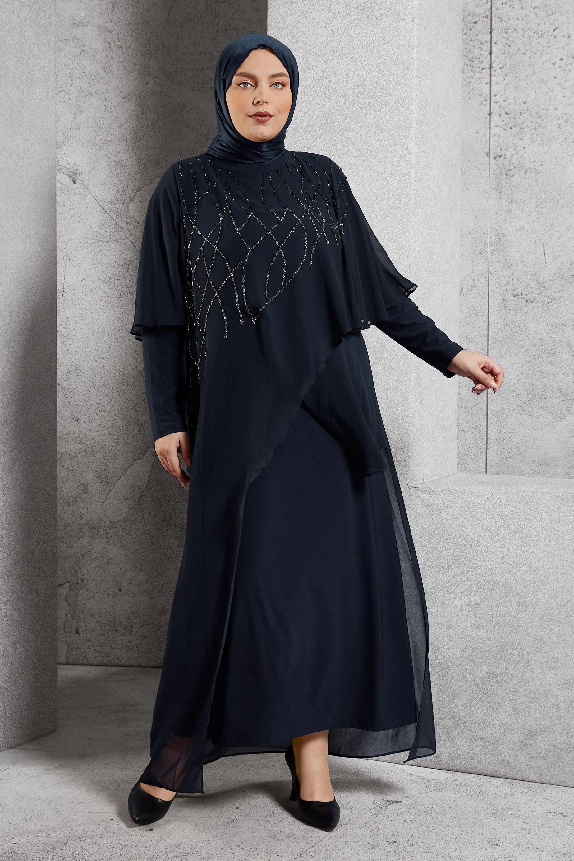 Vêtements hijab BLEU MARINE ROBE GRANDE TAILLE AVEC CAPE EN MOUSSELINE 20506