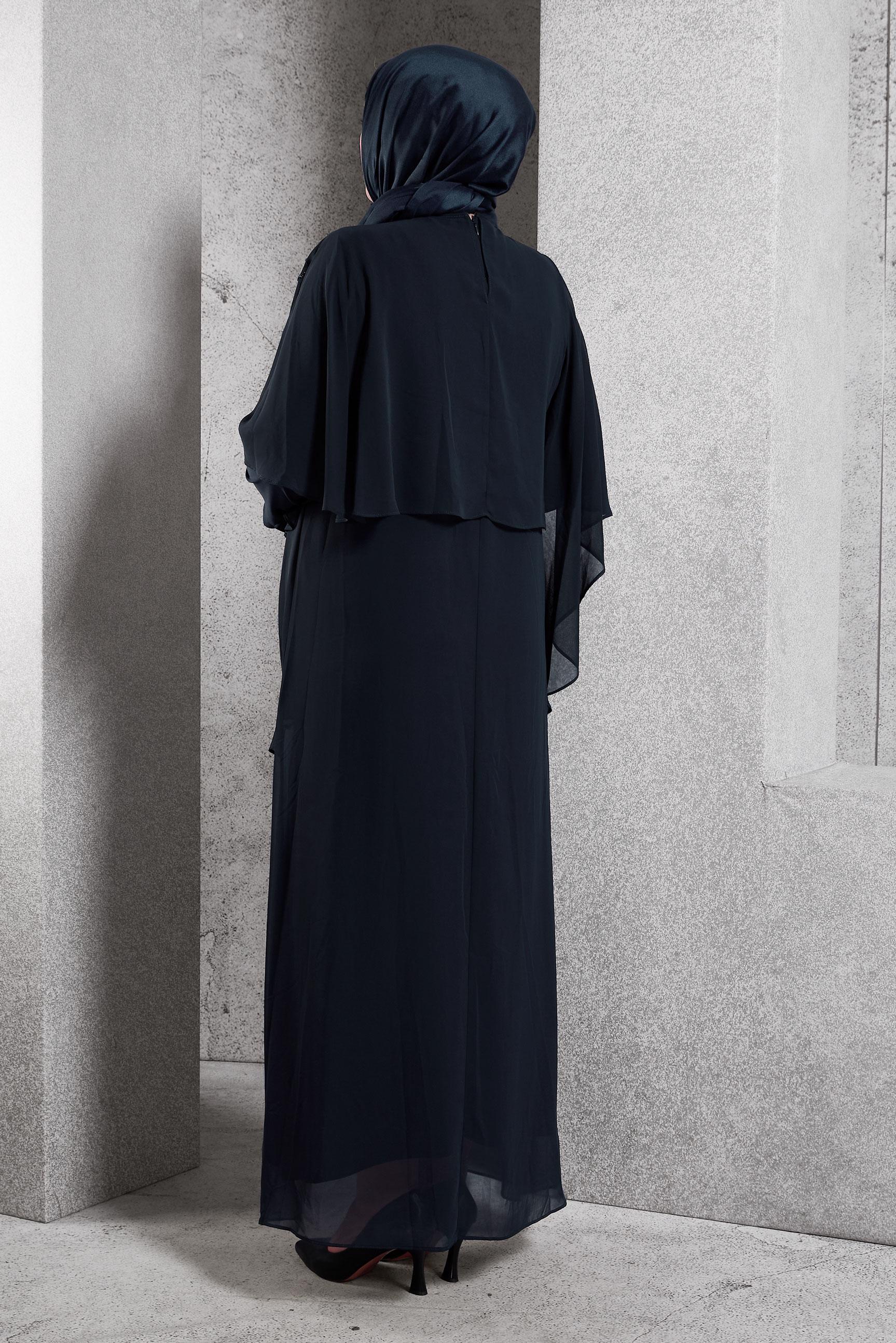 Vêtements hijab BLEU MARINE ROBE GRANDE TAILLE AVEC CAPE EN MOUSSELINE 20506