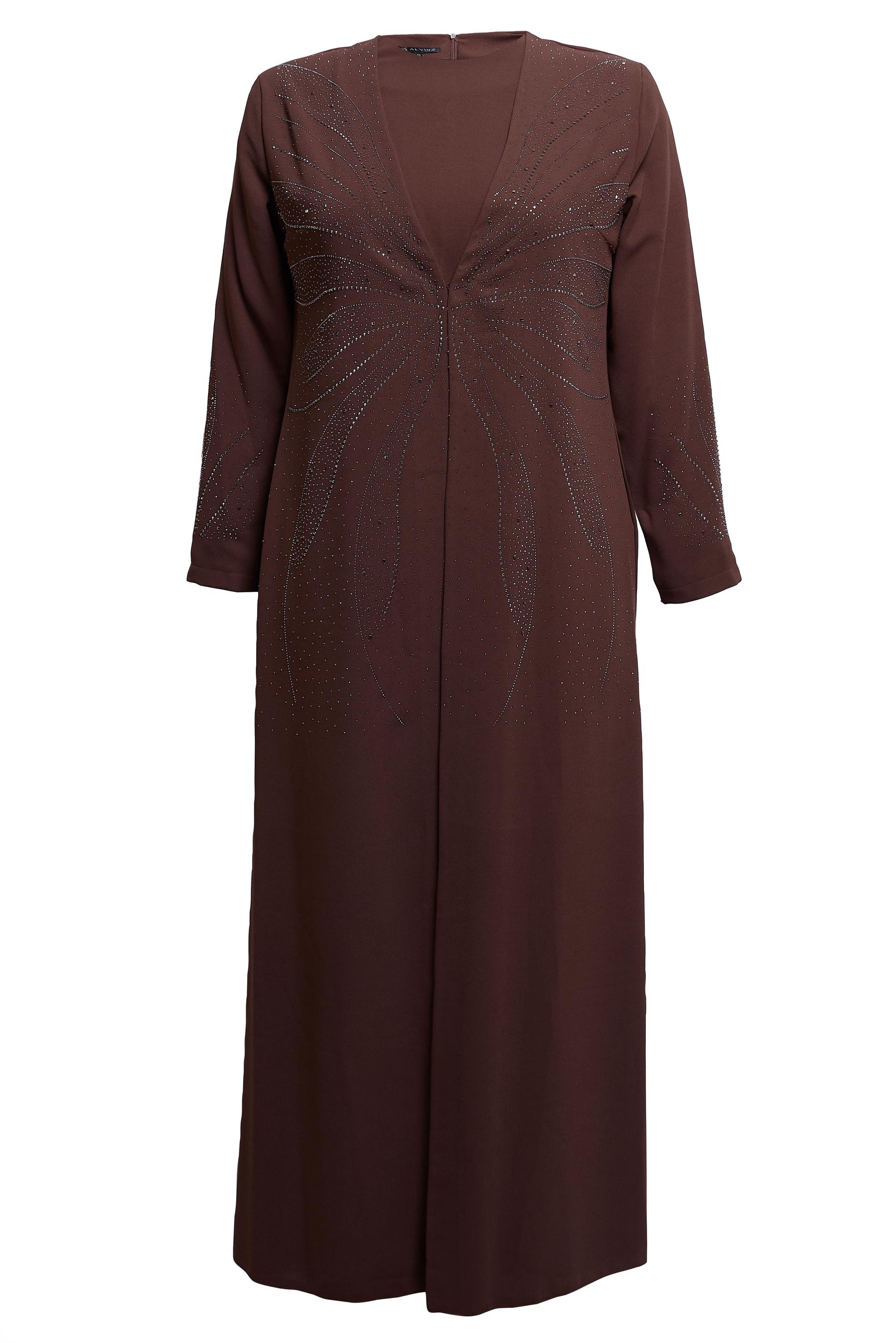 Tesettür giyim KAHVE TAŞLI BÜYÜK BEDEN ELBİSE 20508