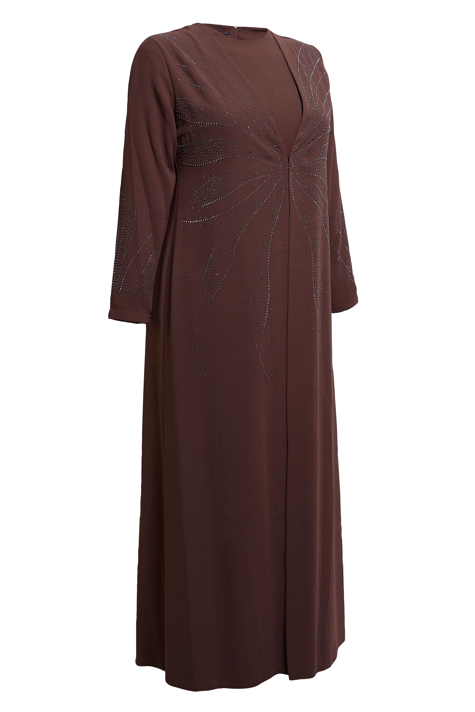 Tesettür giyim KAHVE TAŞLI BÜYÜK BEDEN ELBİSE 20508