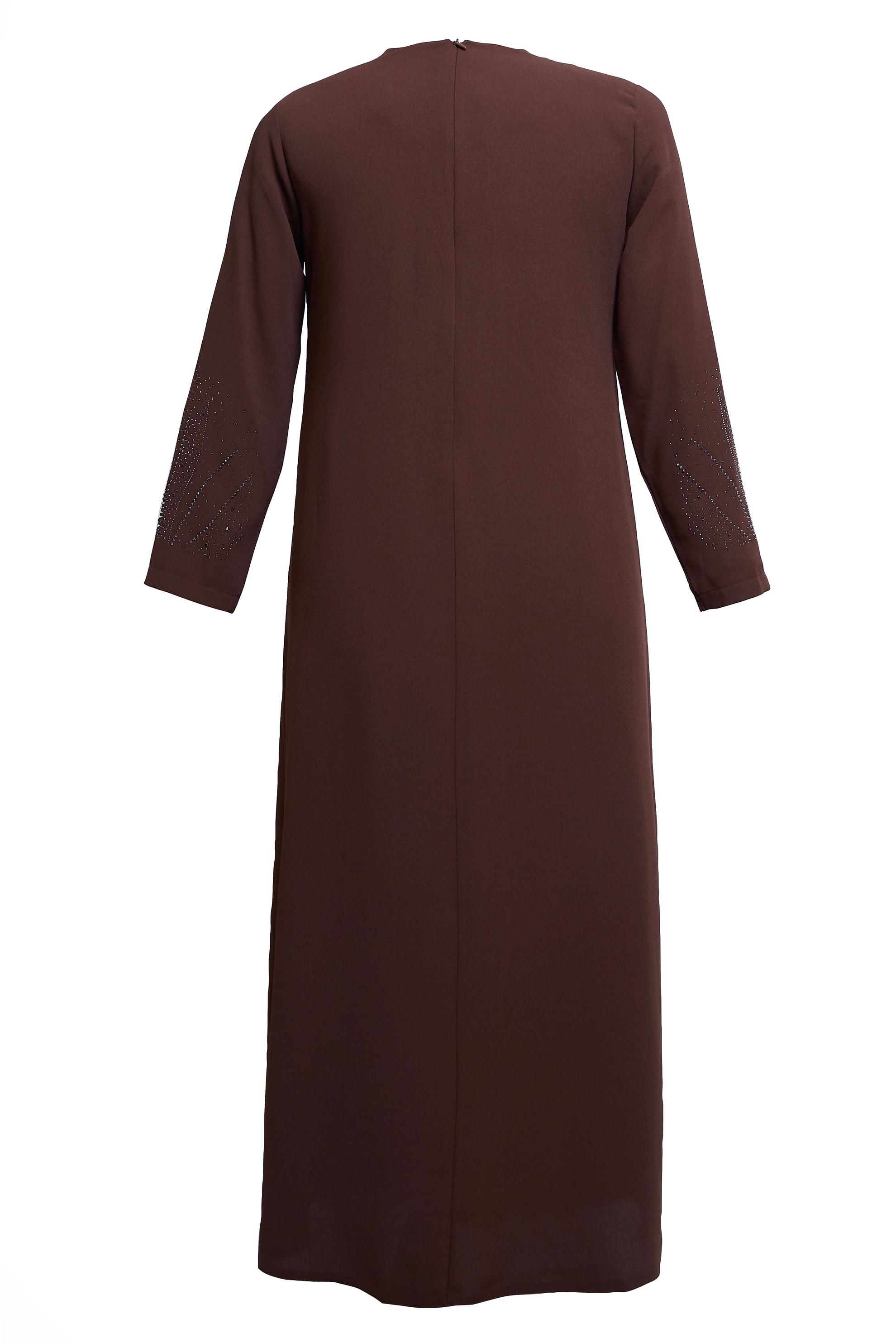 Tesettür giyim KAHVE TAŞLI BÜYÜK BEDEN ELBİSE 20508