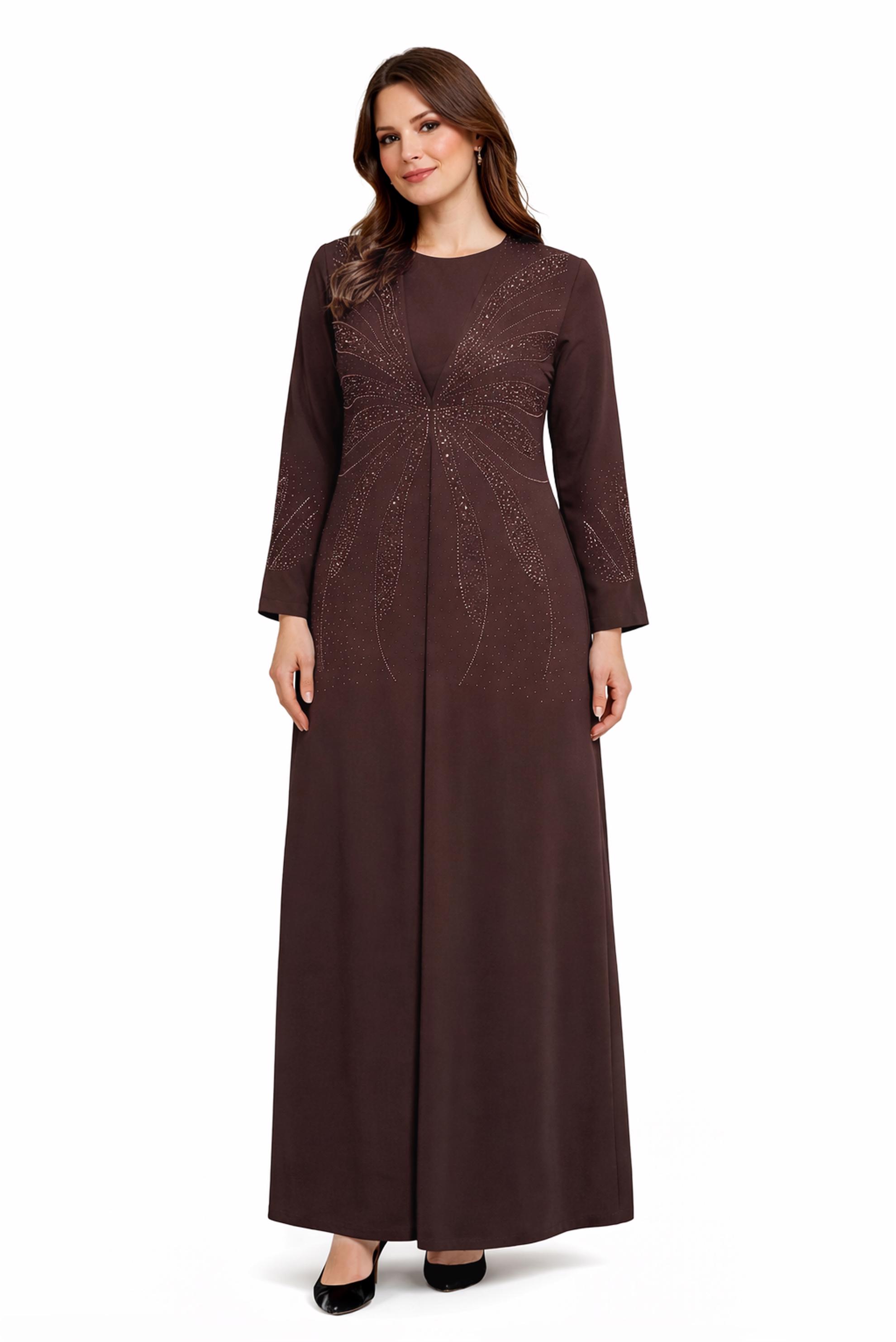 Tesettür giyim KAHVE TAŞLI BÜYÜK BEDEN ELBİSE 20508