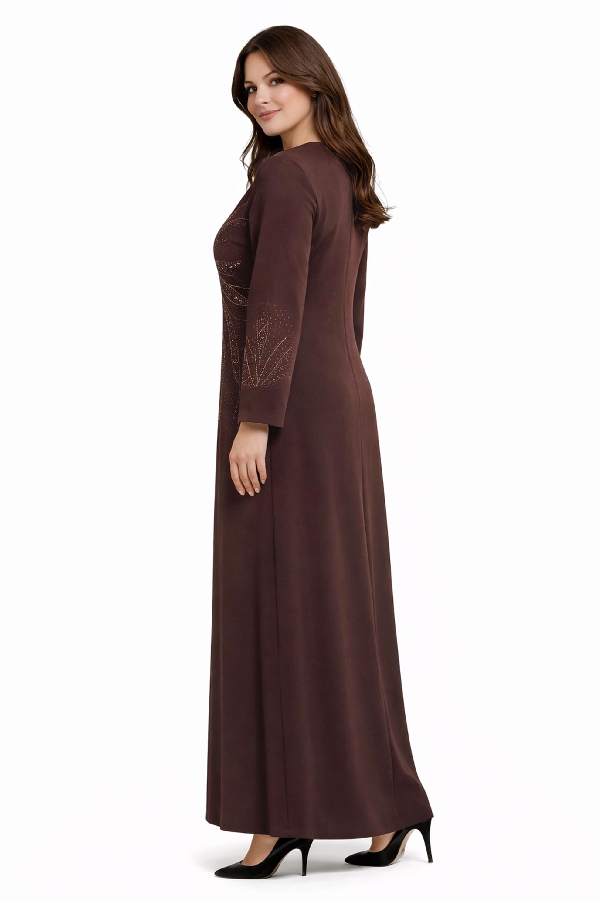 Tesettür giyim KAHVE TAŞLI BÜYÜK BEDEN ELBİSE 20508