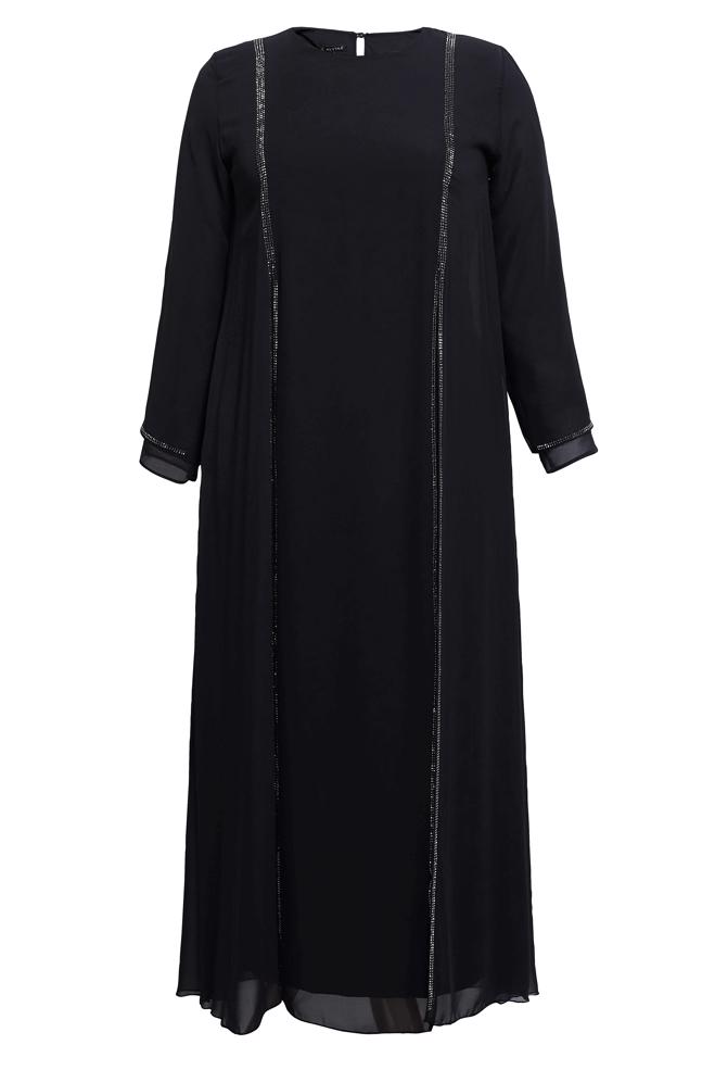 Tesettür giyim SİYAH TAŞ BASKILI BÜYÜK BEDEN ŞİFON ELBİSE 20509 - ALVİNA