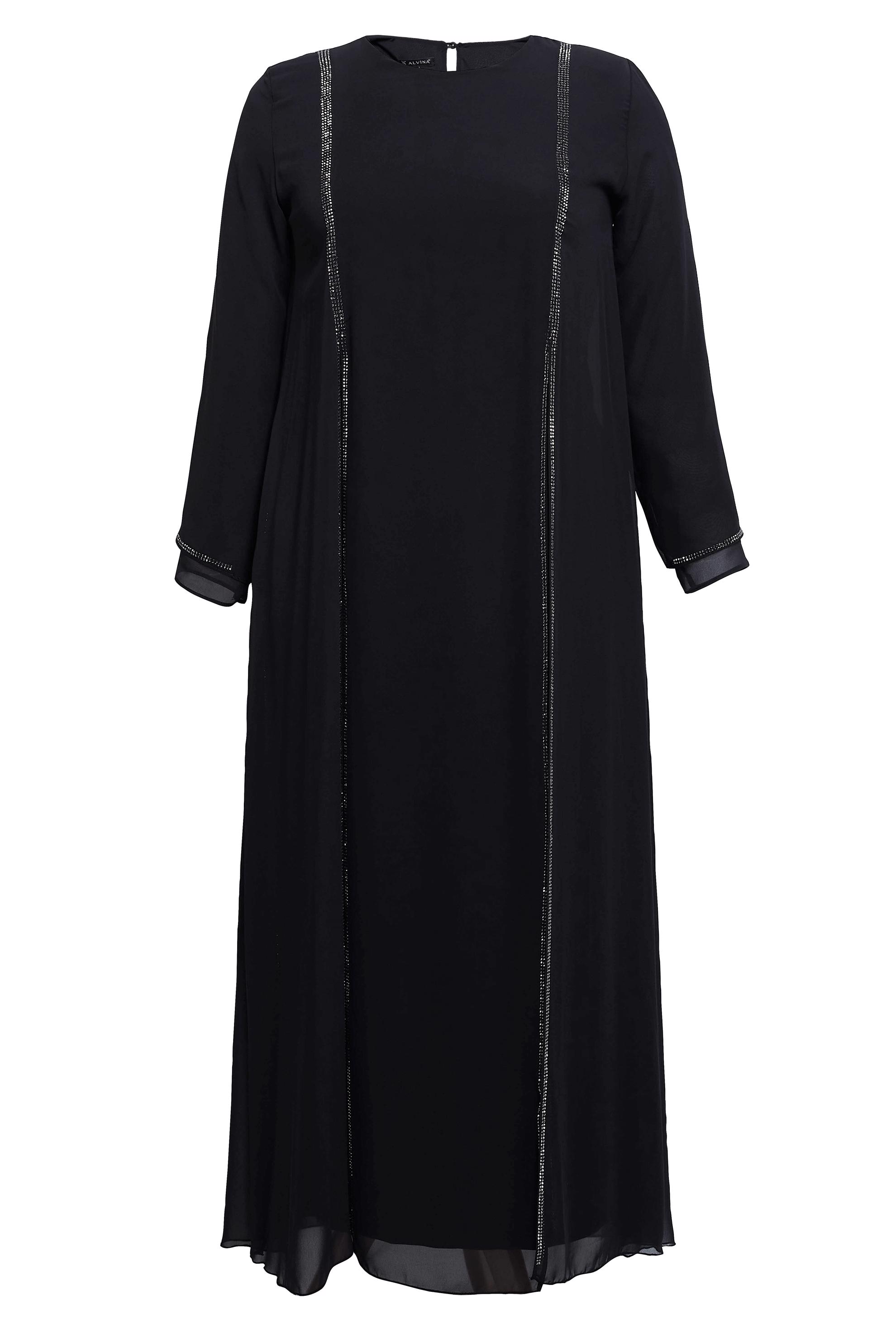 Tesettür giyim SİYAH TAŞ BASKILI BÜYÜK BEDEN ŞİFON ELBİSE 20509