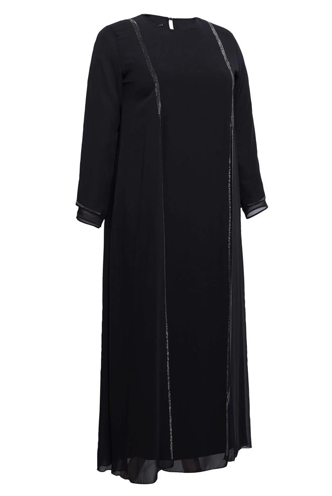 Tesettür giyim SİYAH TAŞ BASKILI BÜYÜK BEDEN ŞİFON ELBİSE 20509 - ALVİNA