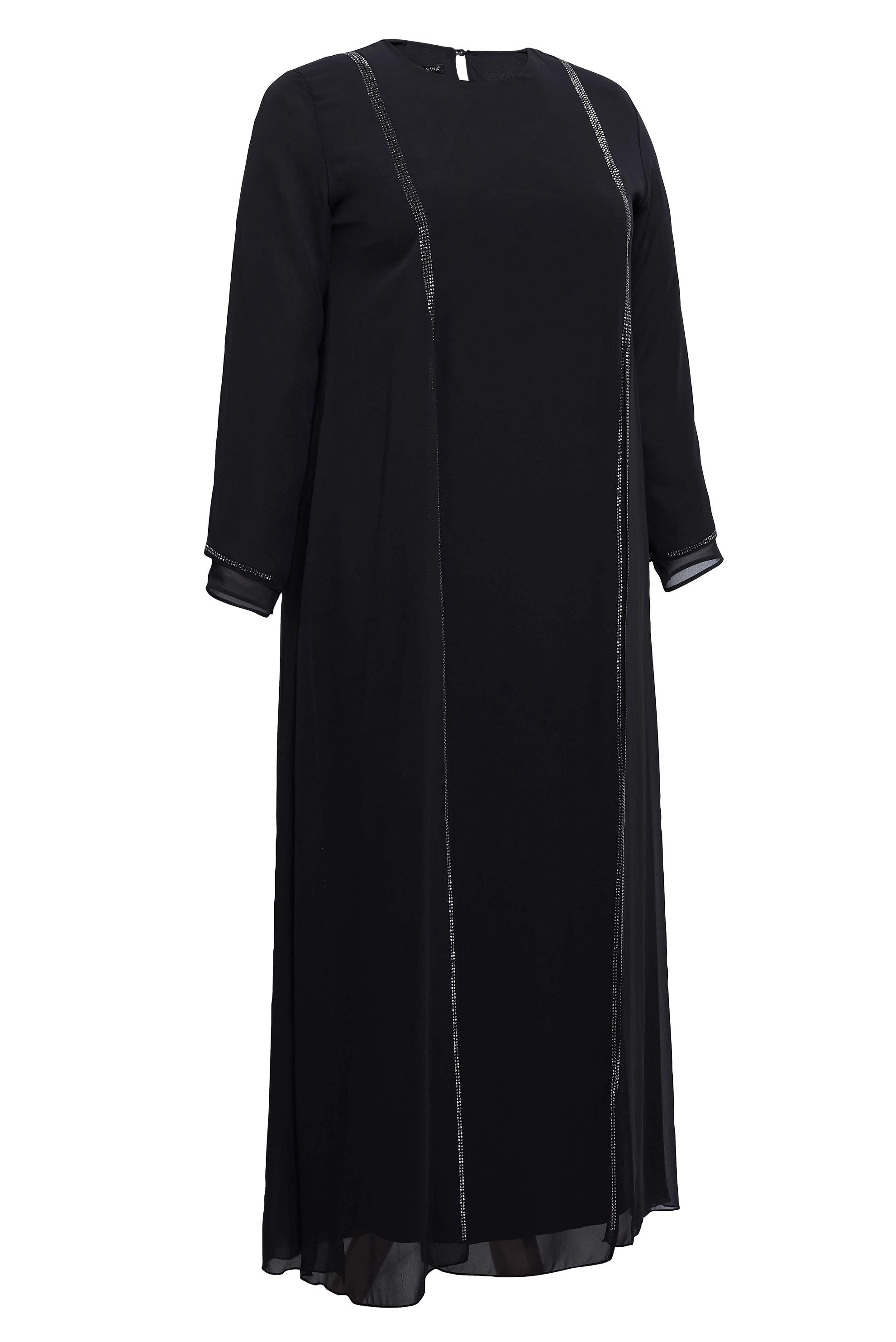 Tesettür giyim SİYAH TAŞ BASKILI BÜYÜK BEDEN ŞİFON ELBİSE 20509