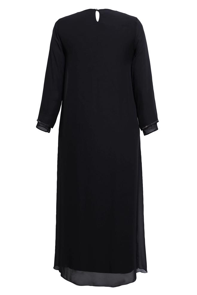 Tesettür giyim SİYAH TAŞ BASKILI BÜYÜK BEDEN ŞİFON ELBİSE 20509 - ALVİNA