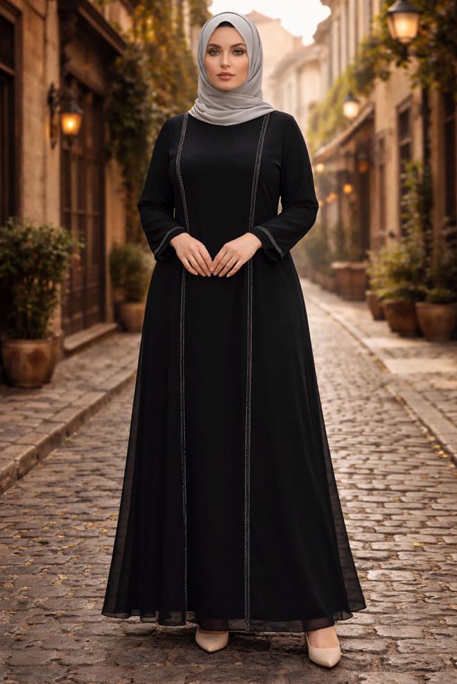 Vêtements hijab NOIR ROBE EN MOUSSELINE GRANDE TAILLE 20509 - ALVİNA