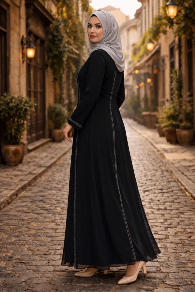 Vêtements hijab NOIR ROBE EN MOUSSELINE GRANDE TAILLE 20509 - ALVİNA
