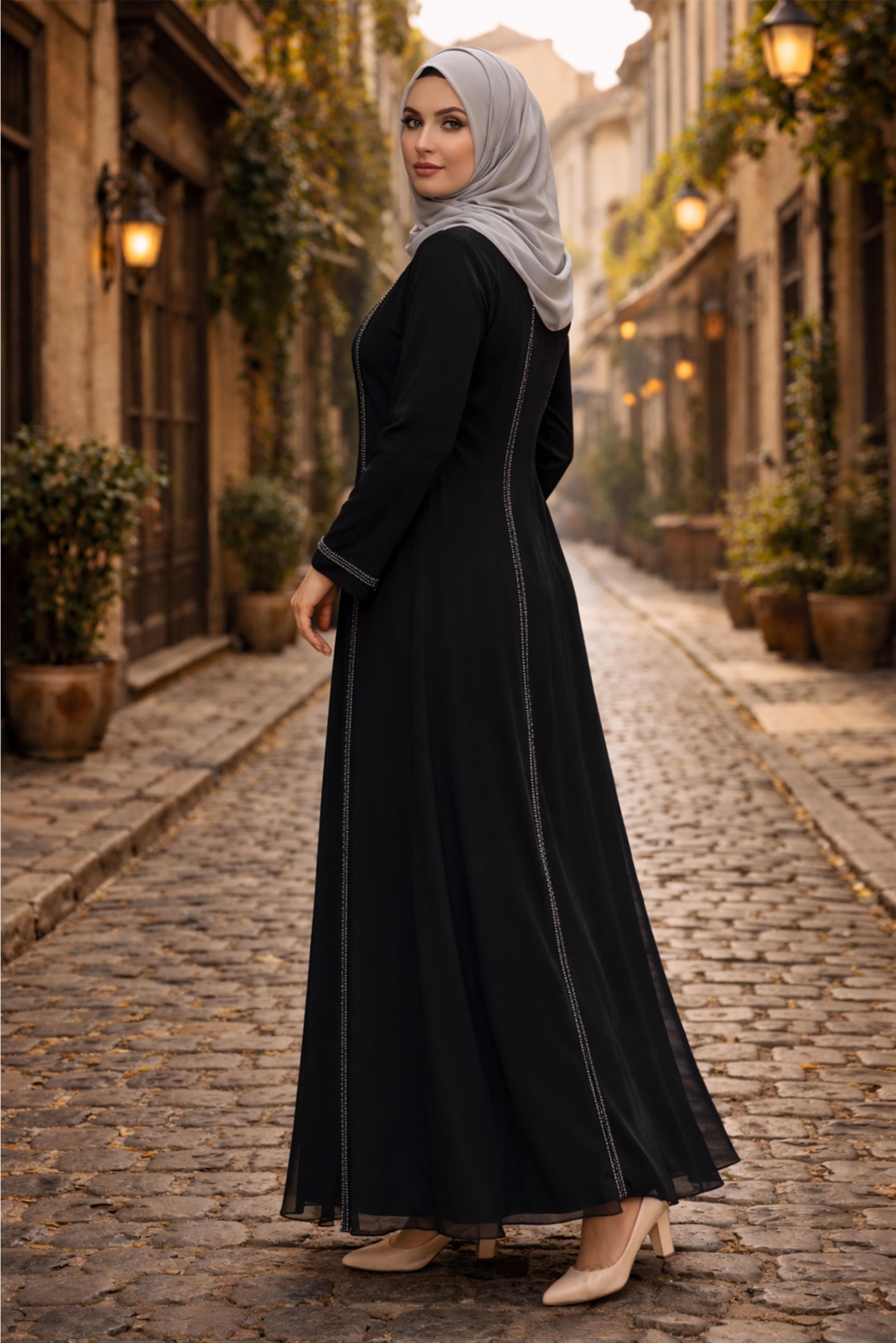 Tesettür giyim SİYAH TAŞ BASKILI BÜYÜK BEDEN ŞİFON ELBİSE 20509