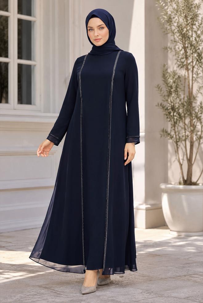 Vêtements hijab BLEU MARINE 20509 NEW MULTİ ŞİFON ELBİSE 44/54 - ALVİNA