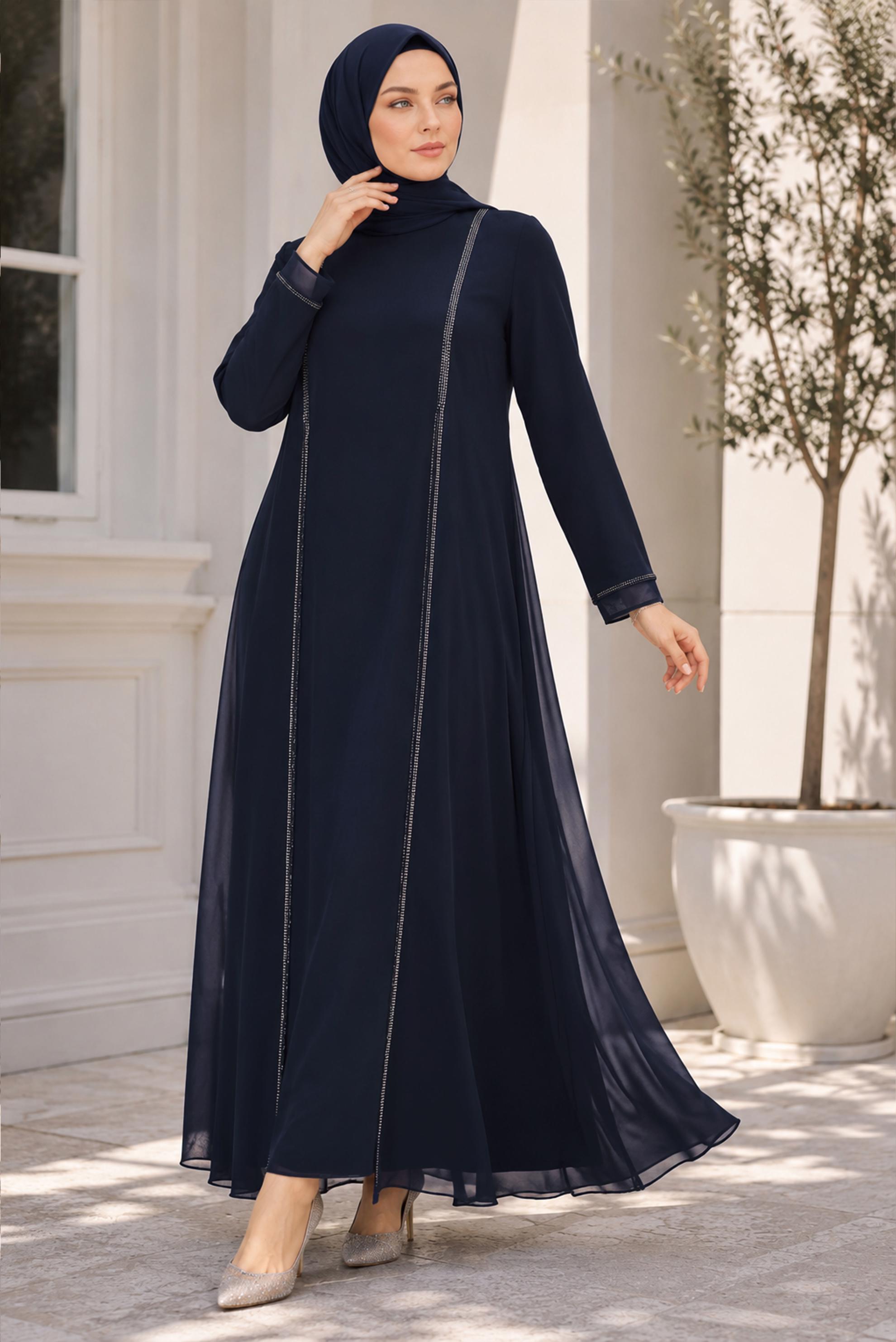 Vêtements hijab BLEU MARINE 20509 NEW MULTİ ŞİFON ELBİSE 44/54