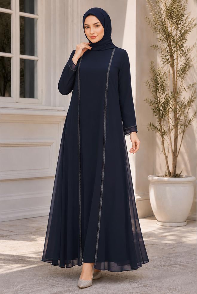 Vêtements hijab BLEU MARINE 20509 NEW MULTİ ŞİFON ELBİSE 44/54 - ALVİNA