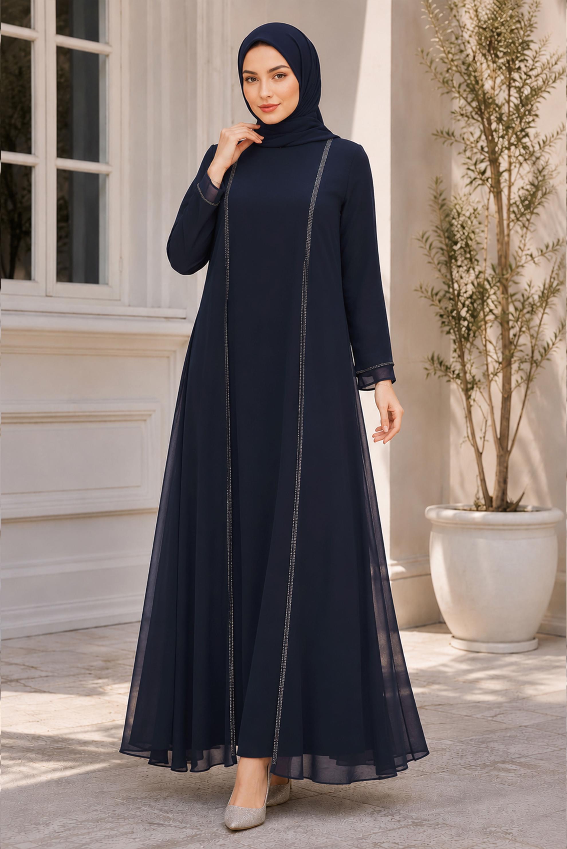 Vêtements hijab BLEU MARINE 20509 NEW MULTİ ŞİFON ELBİSE 44/54