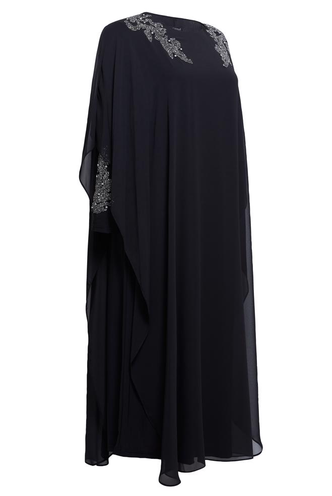 Hijab clothing BLACK PLUS SIZE DRESS WITH CHIFFON CAPE 20510 - ALVİNA