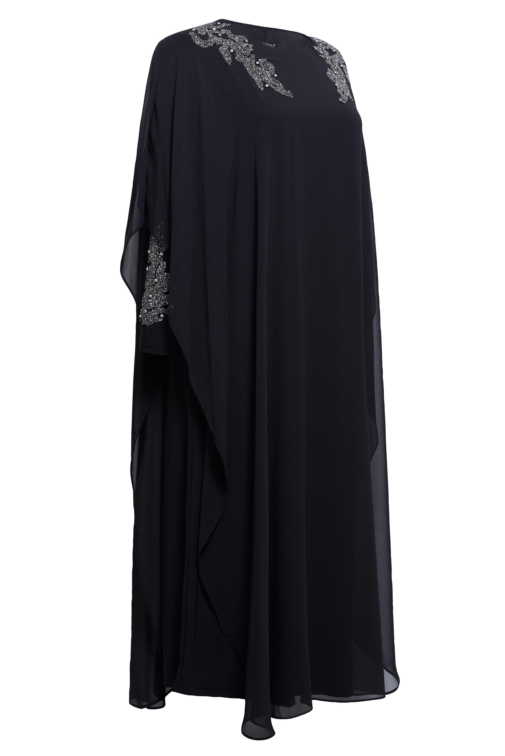 Vêtements hijab NOIR ROBE GRANDE TAILLE AVEC CAPE EN MOUSSELINE 20510